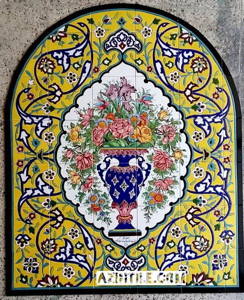 کاشی سنتی هفت رنگ گل و مرغ قاجاری
